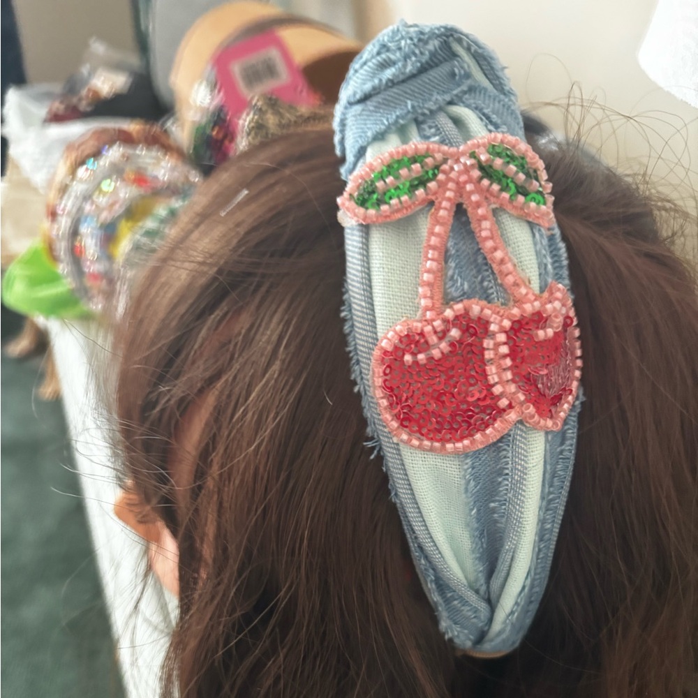 Beaded Distressed Light Denim Headband with Cherry Design